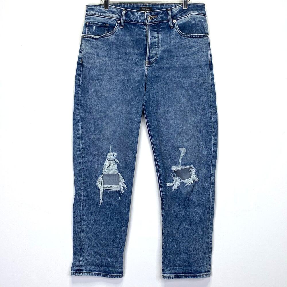 Express Boyfriend Mid Rise Jeans Button Fly Distressed Baggy Ripped Womens Sz 10